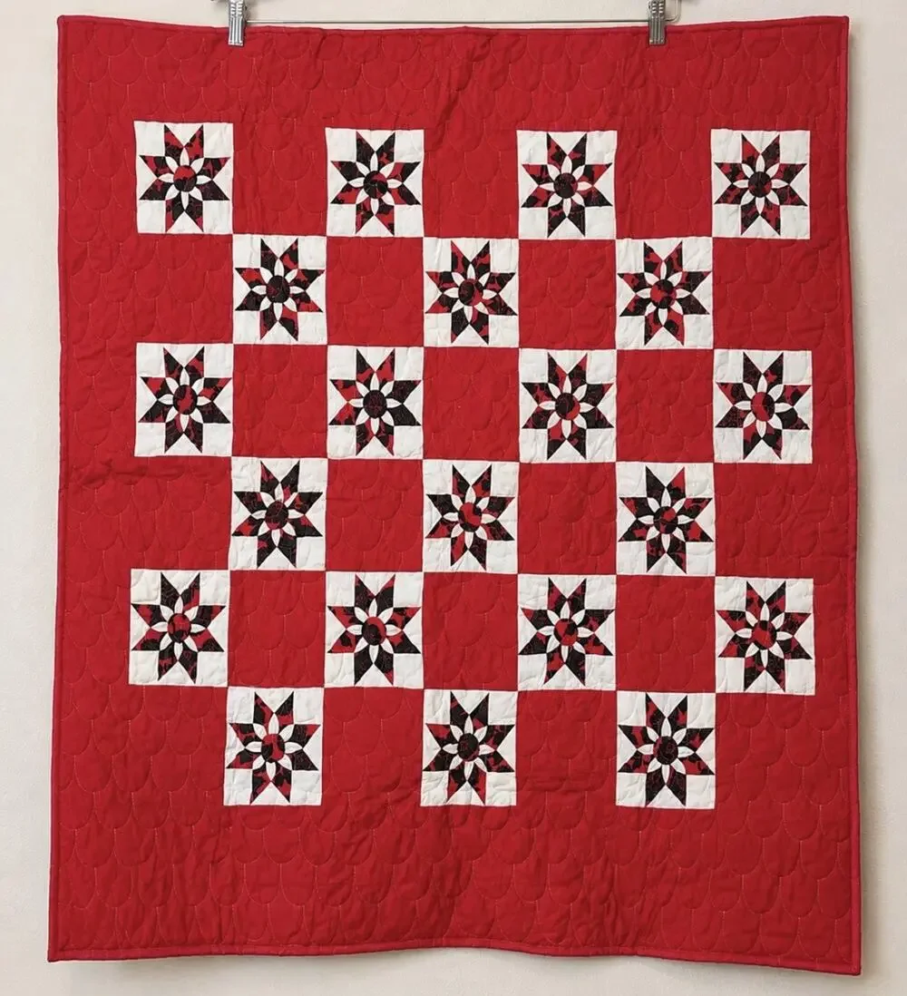 Vintage Handmade Patchwork Star Quilt Red Black White Throw Blanket 78”